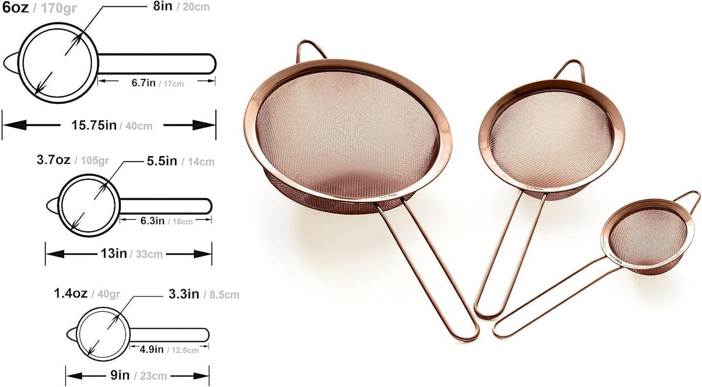 Strainer Set Fine Mesh – Premium 304 Stainless Steel (18/8) – 8″, 5.5″ and 3.3″ Sturdy Kitchen Strainers (Silver)