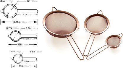 Strainer Set Fine Mesh – Premium 304 Stainless Steel (18/8) – 8″, 5.5″ and 3.3″ Sturdy Kitchen Strainers (Silver)