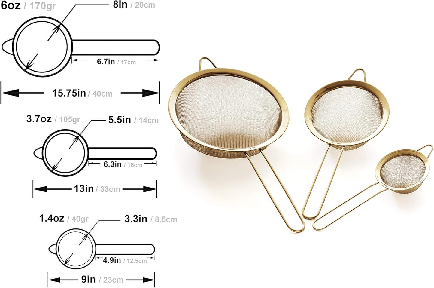 Strainer Set Fine Mesh – Premium 304 Stainless Steel (18/8) – 8″, 5.5″ and 3.3″ Sturdy Kitchen Strainers (Silver)