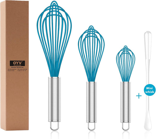 Silicone Whisk,Heat Resistant 480°F Whisks For Cooking Non Scratch,Stainless Steel wired wisk,Plastic Rubber Whisk Tool For Nonstick Cookware Pans,Silicon Wisks Set of 4,Blue