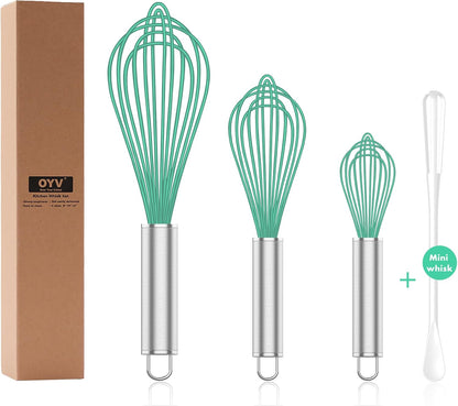 Silicone Whisk,Heat Resistant 480°F Whisks For Cooking Non Scratch,Stainless Steel wired wisk,Plastic Rubber Whisk Tool For Nonstick Cookware Pans,Silicon Wisks Set of 4,Blue