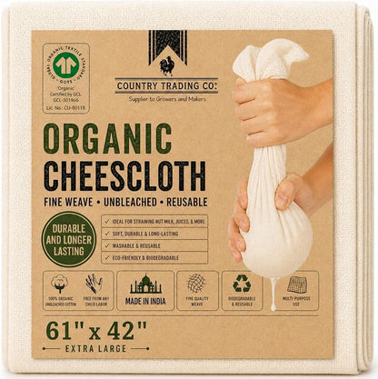 Organic Unbleached Cotton Cheesecloth – GOTS Certified Muslin Cloth for Straining & Cooking, Reusable Kitchen Filter, Large 18 sq ft