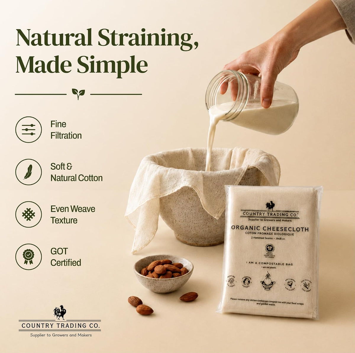 Organic Unbleached Cotton Cheesecloth – GOTS Certified Muslin Cloth for Straining & Cooking, Reusable Kitchen Filter, Large 18 sq ft