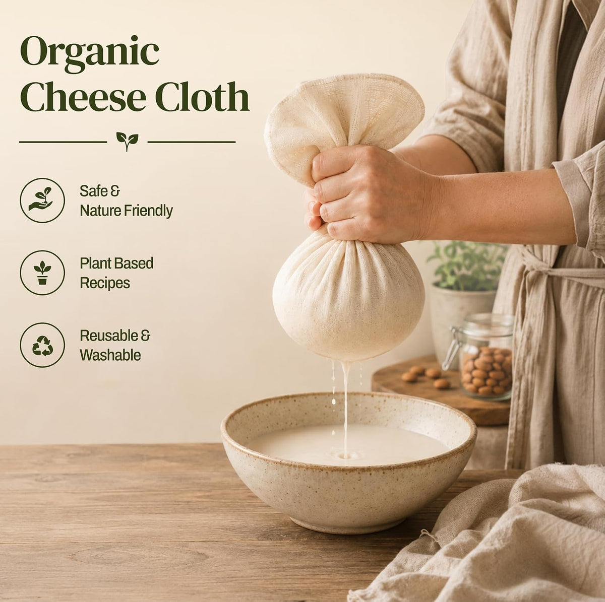 Organic Unbleached Cotton Cheesecloth – GOTS Certified Muslin Cloth for Straining & Cooking, Reusable Kitchen Filter, Large 18 sq ft