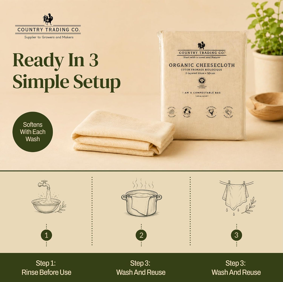 Organic Unbleached Cotton Cheesecloth – GOTS Certified Muslin Cloth for Straining & Cooking, Reusable Kitchen Filter, Large 18 sq ft