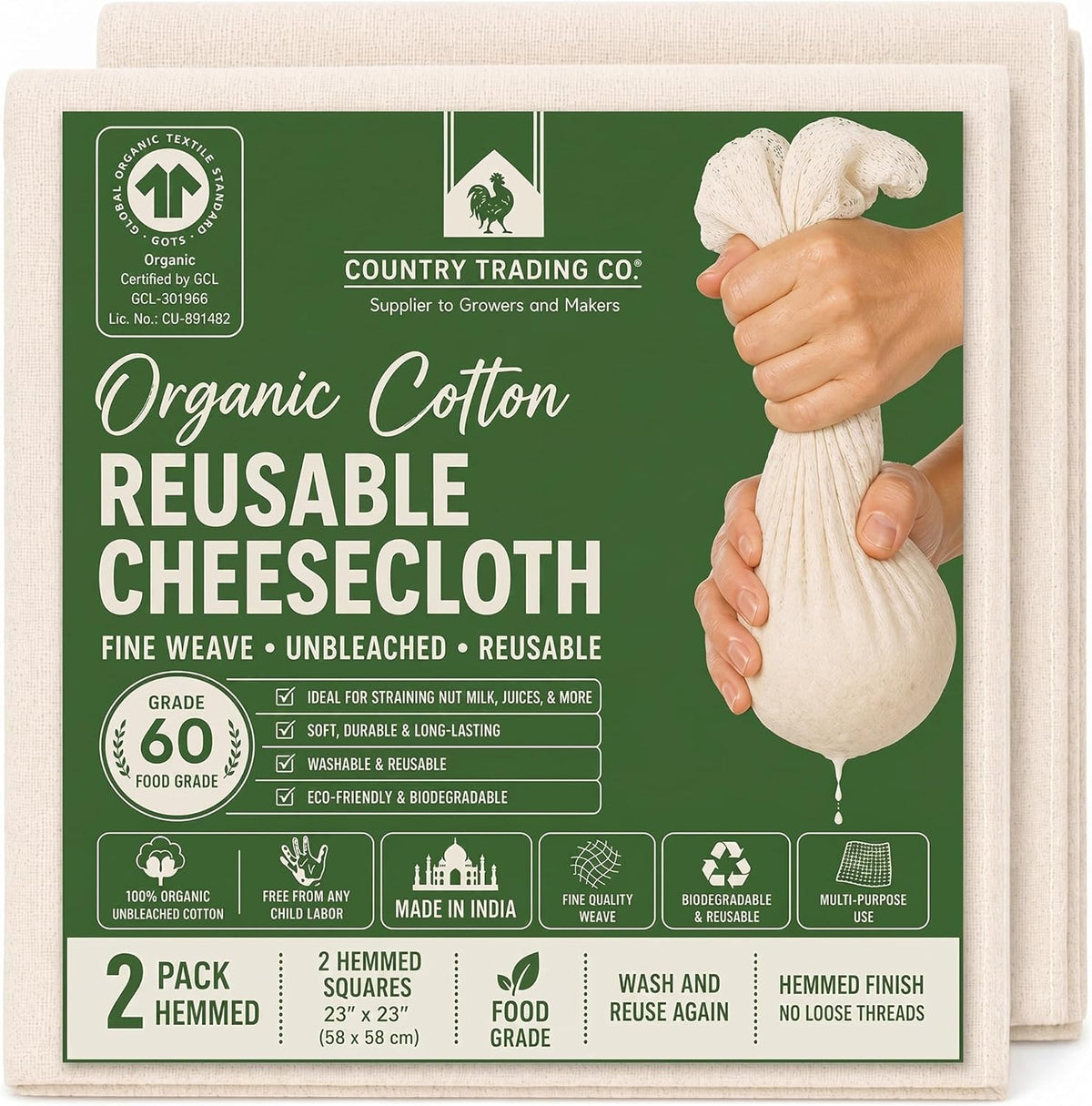 Organic Unbleached Cotton Cheesecloth – GOTS Certified Muslin Cloth for Straining & Cooking, Reusable Kitchen Filter, Large 18 sq ft