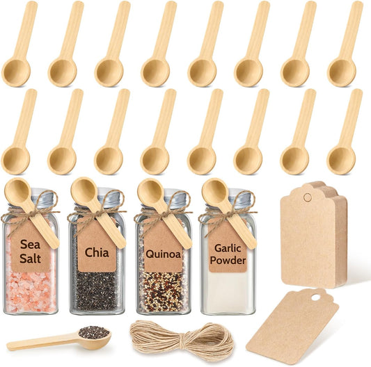 20Pcs Small Wooden Spoons Set, 3" Tasting Spoon with Tags & Twine | natural wood, 3" mini spoons, 20pcs w/ tags & twine, food-safe, for spice/honey/salt jars, gift wrap, DIY & gifting