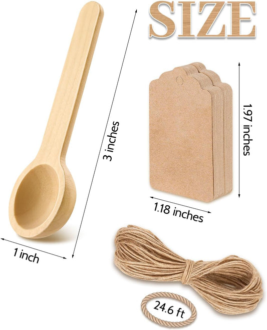 20Pcs Small Wooden Spoons Set, 3" Tasting Spoon with Tags & Twine | natural wood, 3" mini spoons, 20pcs w/ tags & twine, food-safe, for spice/honey/salt jars, gift wrap, DIY & gifting