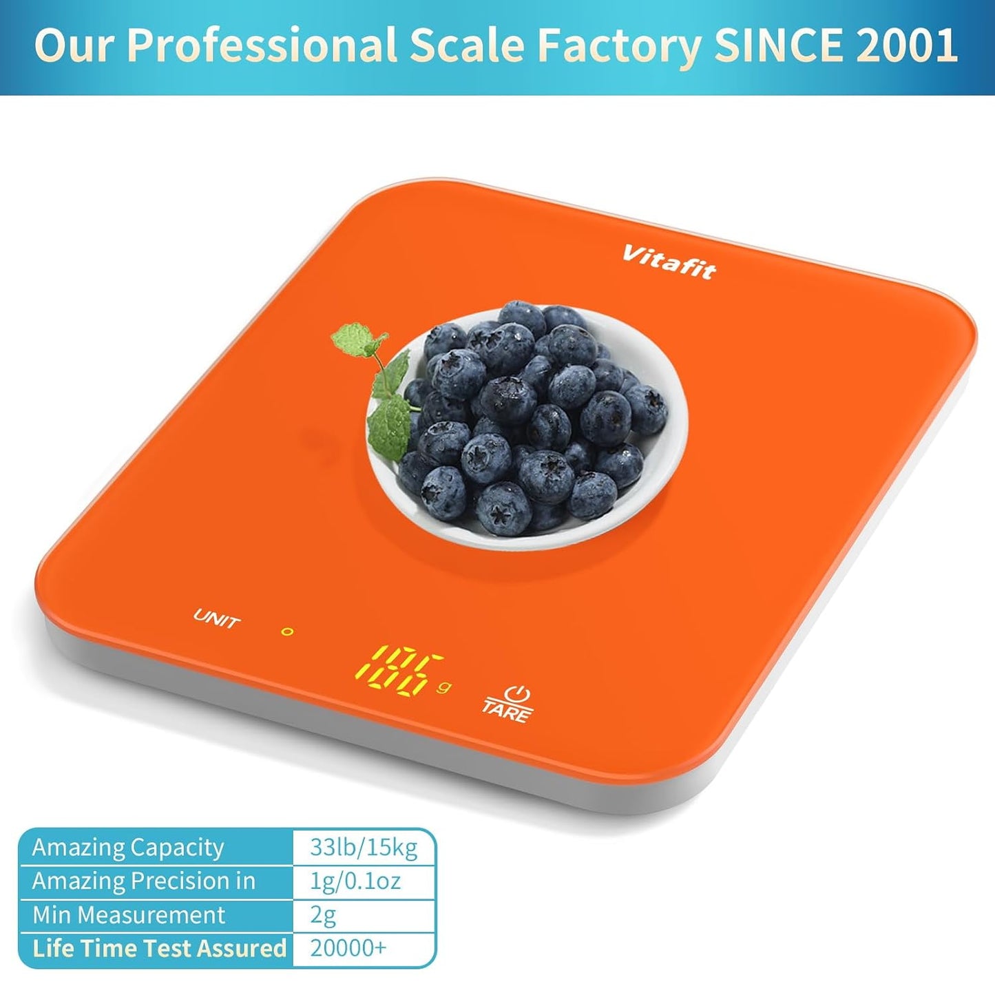 33lb/15kg Digital Food Scale in High Precision 0.1oz/1g, Our Own Kitchen Scale Professional Factory Since 2001, Kitchen Essentials for Cooking & Baking, LED, 3xAAA Battery, Refreshing Orange