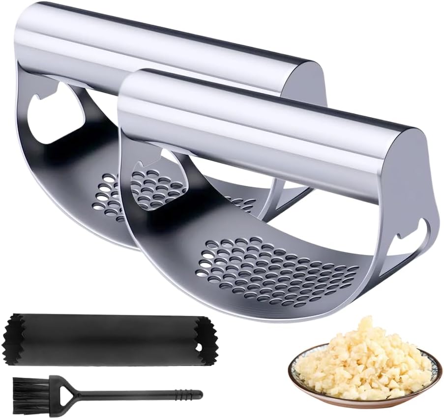 Stainless Steel Garlic Press, 2025 New Arc Shape Stainless Steel Ring Garlic Chopper, Garlic Presse Rocker Garlic Press Mincer Crusher Press, With Peeler and Brush Garlic Chopper (1)