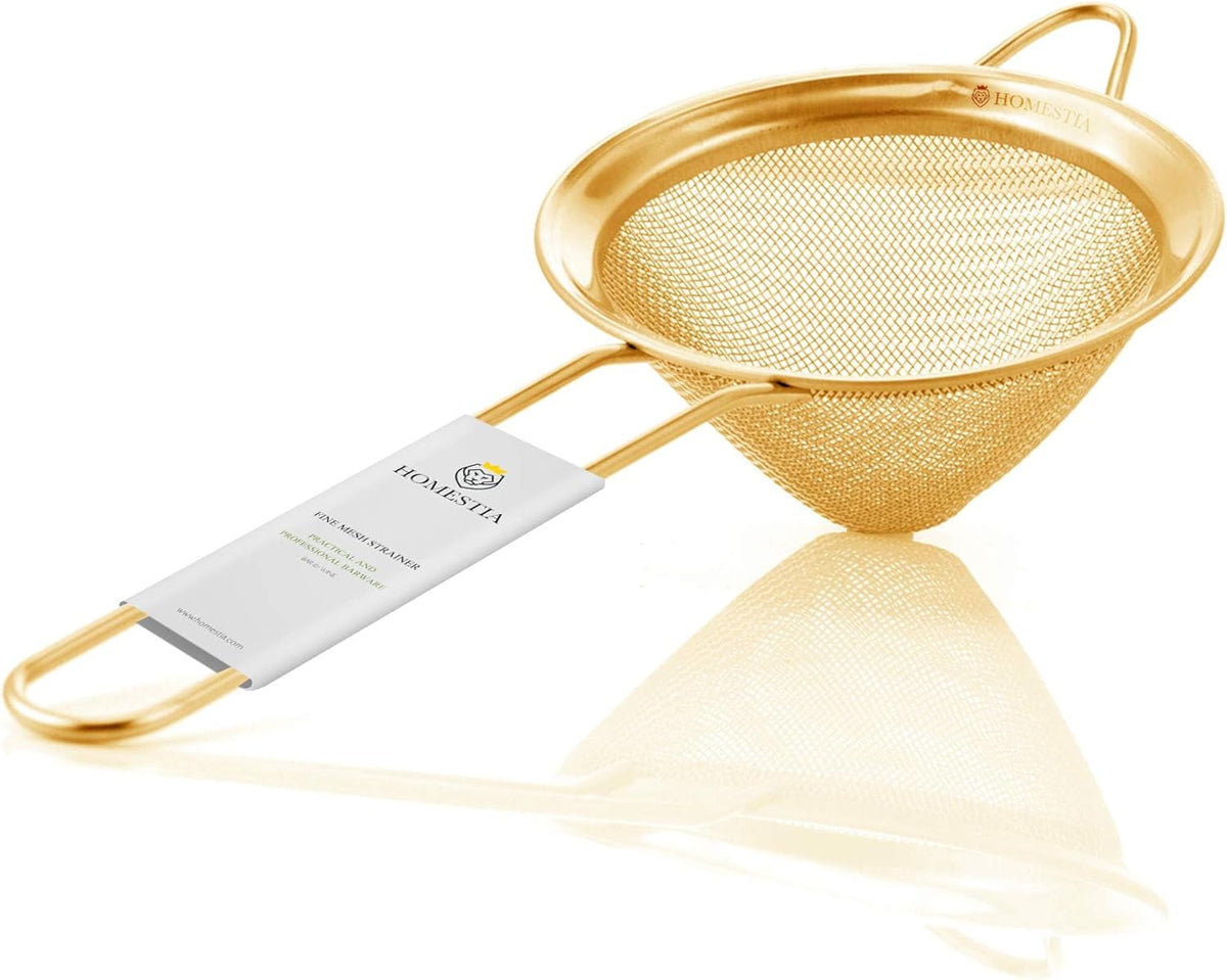 Fine Mesh Strainer for Kitchen, 304 Stainless Steel Sieve Sifters Cocktail Strainer for Food, Tea, Oil, Noodles, Coffee, Juice, Flour, Fruits, Vegetables - Easy to Clean Drink Strainer (Gold)