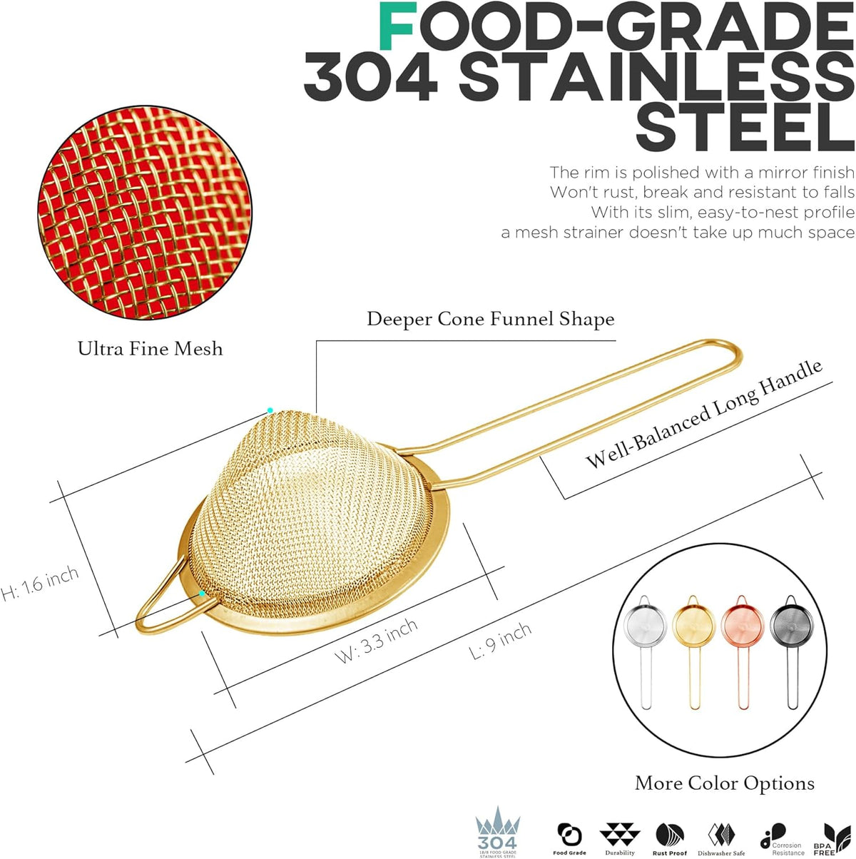 Fine Mesh Strainer for Kitchen, 304 Stainless Steel Sieve Sifters Cocktail Strainer for Food, Tea, Oil, Noodles, Coffee, Juice, Flour, Fruits, Vegetables - Easy to Clean Drink Strainer (Gold)