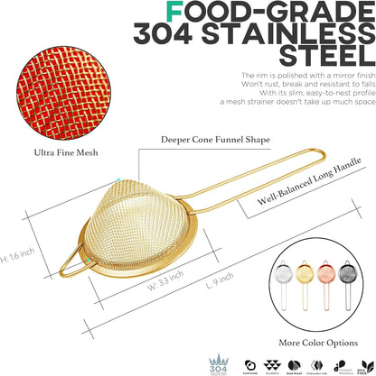 Fine Mesh Strainer for Kitchen, 304 Stainless Steel Sieve Sifters Cocktail Strainer for Food, Tea, Oil, Noodles, Coffee, Juice, Flour, Fruits, Vegetables - Easy to Clean Drink Strainer (Gold)