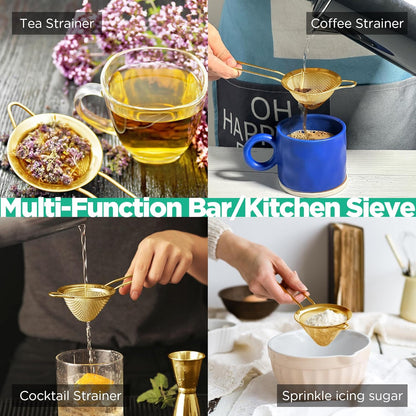 Fine Mesh Strainer for Kitchen, 304 Stainless Steel Sieve Sifters Cocktail Strainer for Food, Tea, Oil, Noodles, Coffee, Juice, Flour, Fruits, Vegetables - Easy to Clean Drink Strainer (Gold)