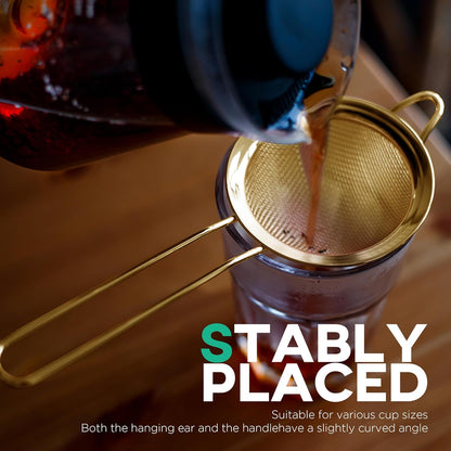 Fine Mesh Strainer for Kitchen, 304 Stainless Steel Sieve Sifters Cocktail Strainer for Food, Tea, Oil, Noodles, Coffee, Juice, Flour, Fruits, Vegetables - Easy to Clean Drink Strainer (Gold)
