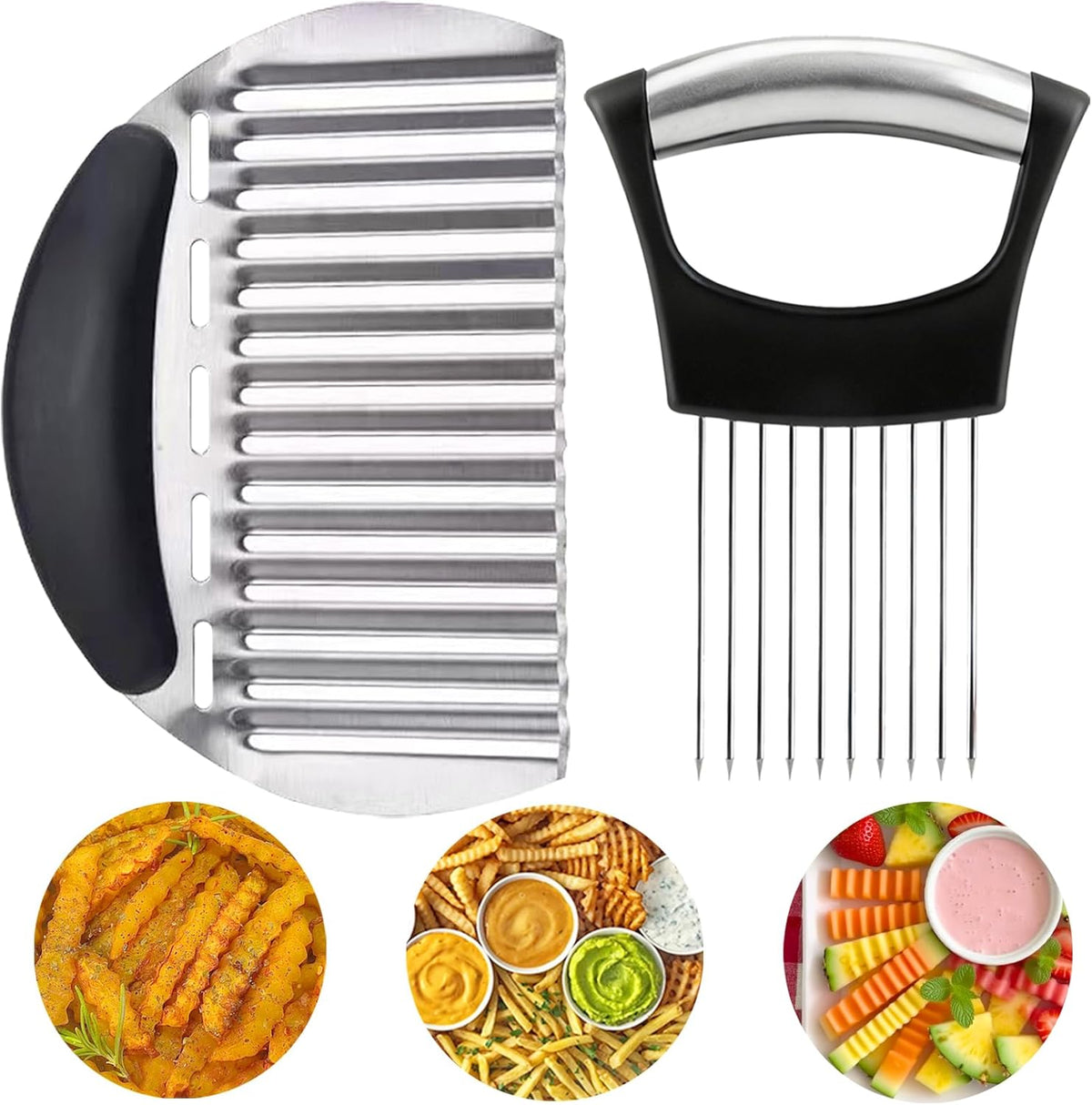 Onion Holder Slicer & Large Crinkle Cutter, One of Each | French Fry Cutter, Veggie Chopper, Tomato Slicer, Potato Wavy Chopper