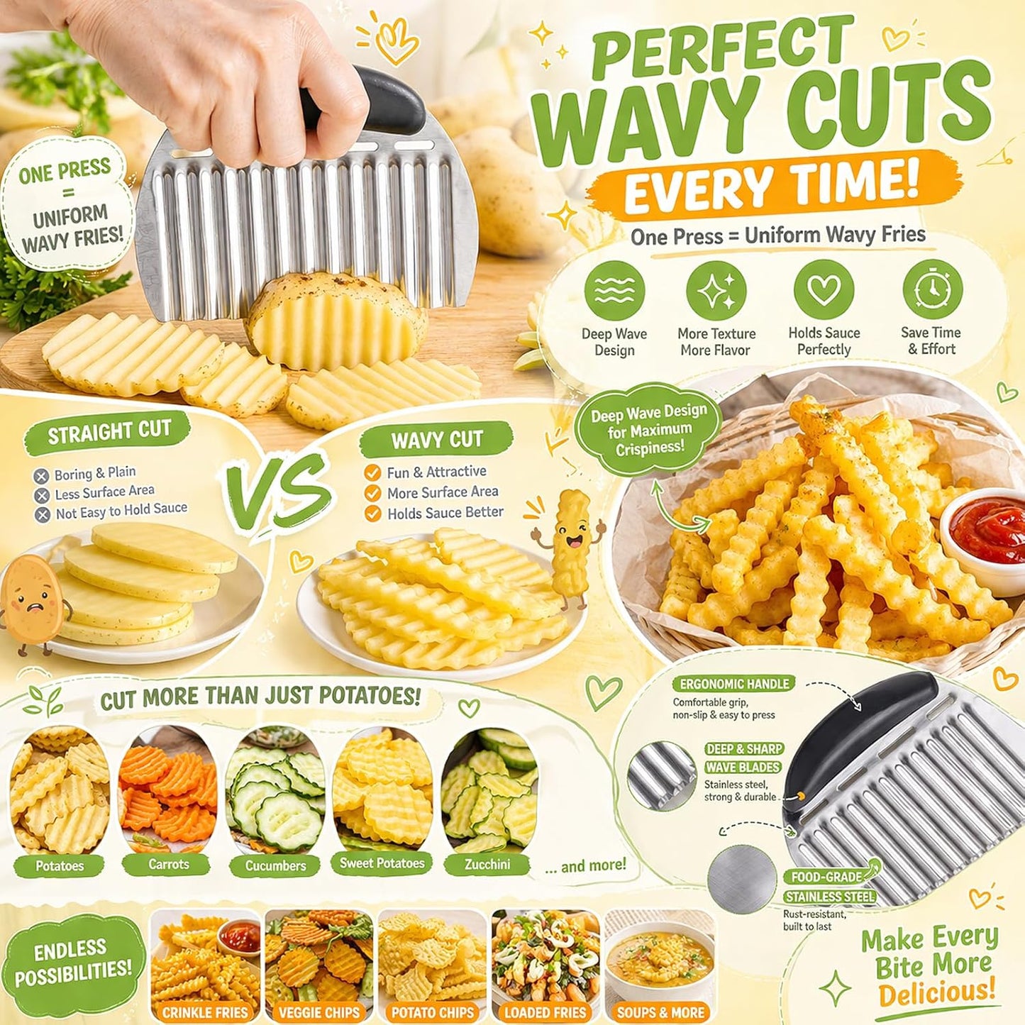 Onion Holder Slicer & Large Crinkle Cutter, One of Each | French Fry Cutter, Veggie Chopper, Tomato Slicer, Potato Wavy Chopper