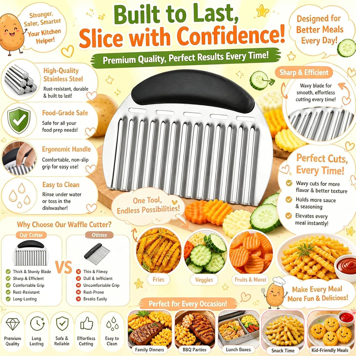 Onion Holder Slicer & Large Crinkle Cutter, One of Each | French Fry Cutter, Veggie Chopper, Tomato Slicer, Potato Wavy Chopper