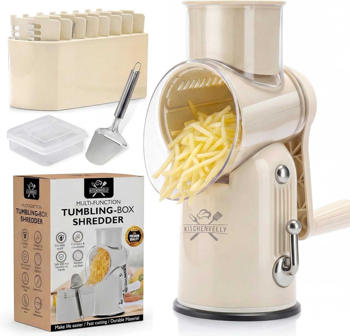 Rotary Cheese Grater Hand Crank, 5 in 1 Vegetable Slicer, Manual Cheese Shredder with Stainless Steel Blades, Food Grater for Cheese Vegetables Nuts, Suction Base, Easy Clean, Green