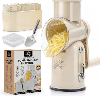 Rotary Cheese Grater Hand Crank, 5 in 1 Vegetable Slicer, Manual Cheese Shredder with Stainless Steel Blades, Food Grater for Cheese Vegetables Nuts, Suction Base, Easy Clean, Green