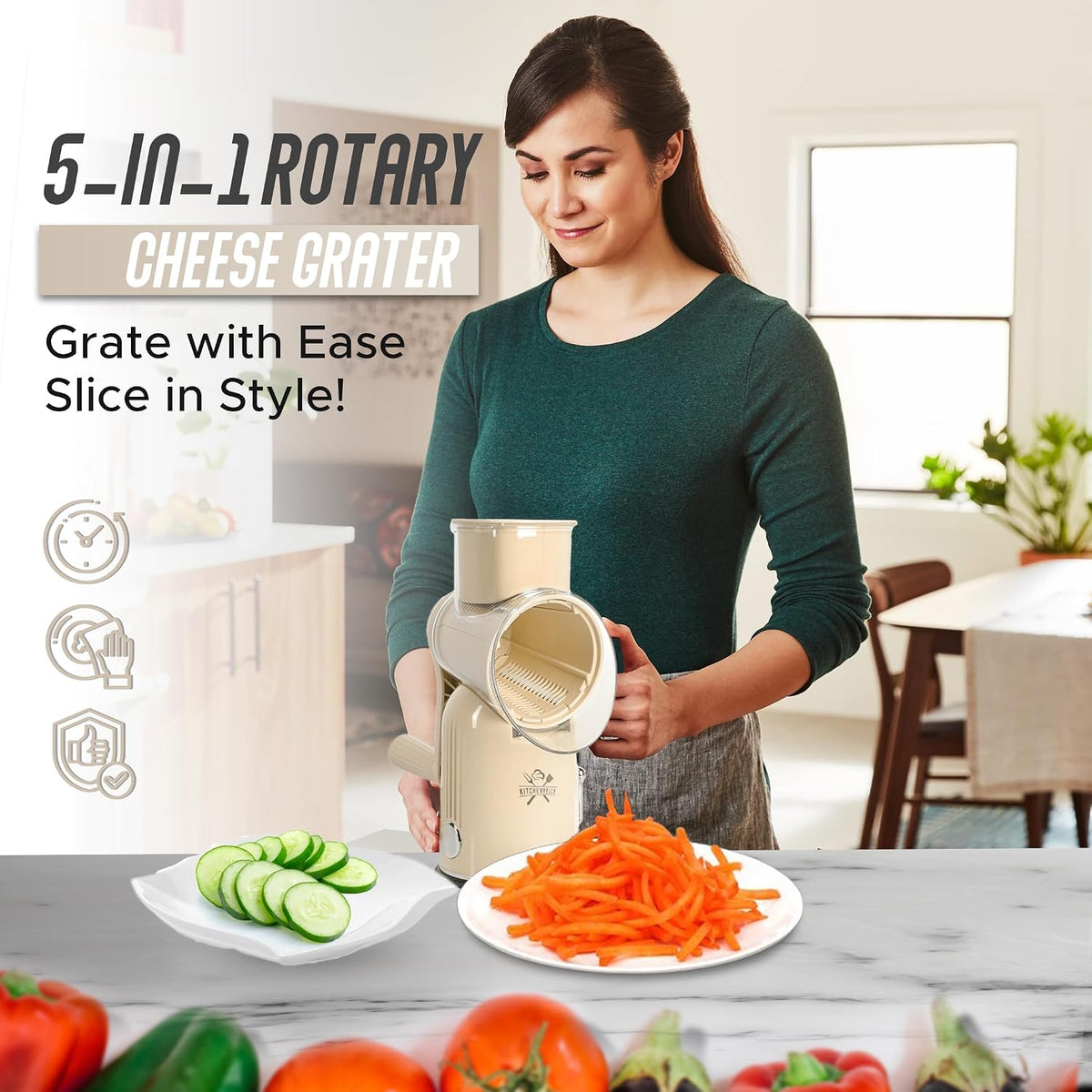 Rotary Cheese Grater Hand Crank, 5 in 1 Vegetable Slicer, Manual Cheese Shredder with Stainless Steel Blades, Food Grater for Cheese Vegetables Nuts, Suction Base, Easy Clean, Green