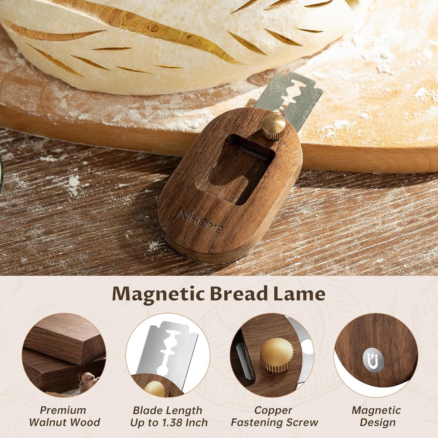Bread Lame with Extractable Blade and Magnetic Back, Push-Pull Design for Secure Blade Locking, Easy-to-Use Walnut Wood Handle, Perfect for Dough Scoring, Bread, Pastries, and Food Cutting