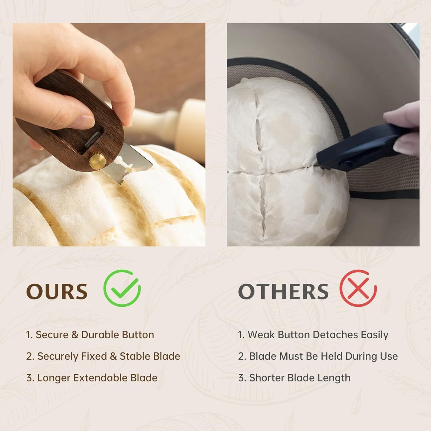 Bread Lame with Extractable Blade and Magnetic Back, Push-Pull Design for Secure Blade Locking, Easy-to-Use Walnut Wood Handle, Perfect for Dough Scoring, Bread, Pastries, and Food Cutting