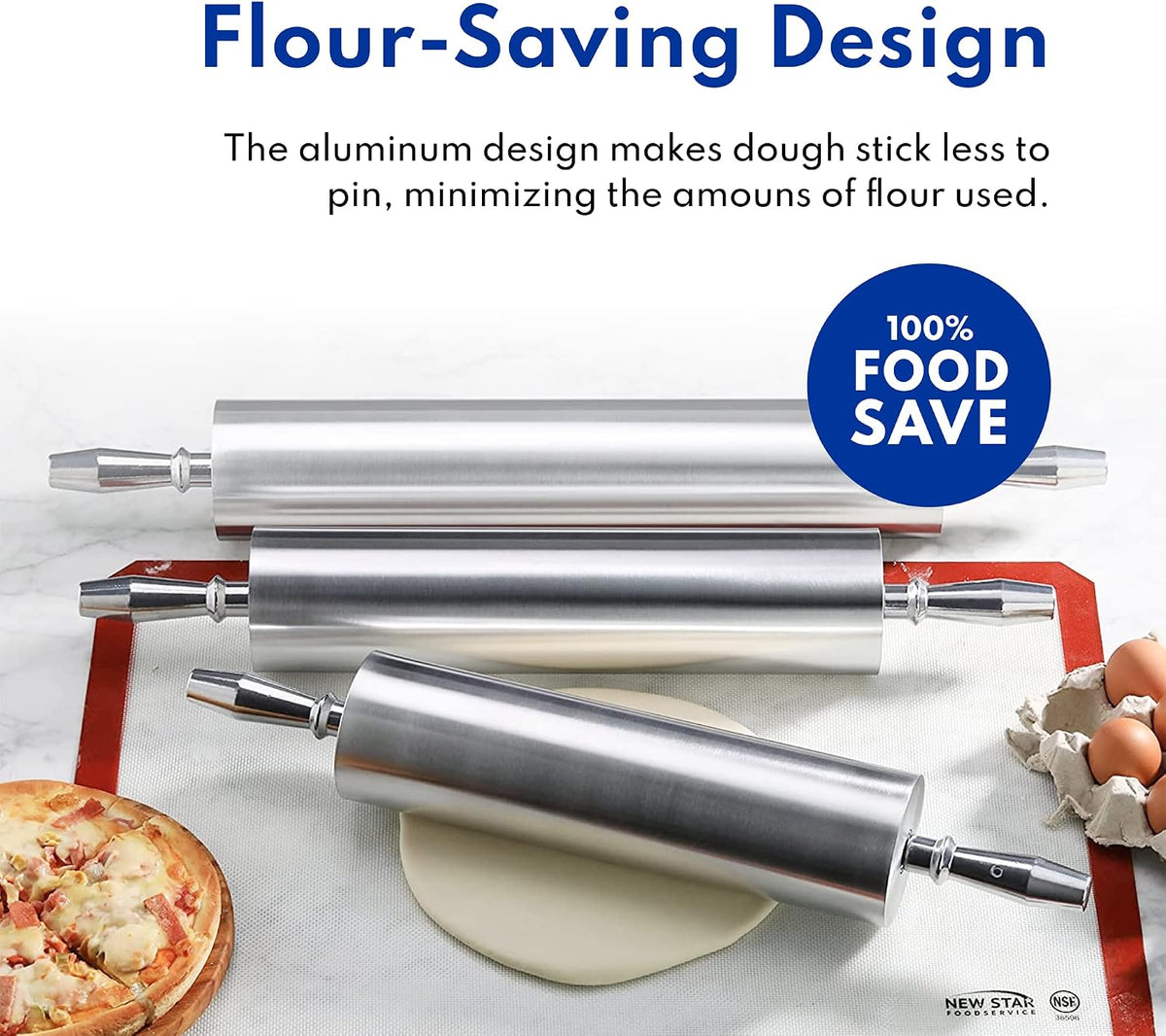 13 Inch Aluminum Rolling Pin, Extra Heavy Duty Restaurant Grade Dough Roller with Rotating Barrel and Handles, Silver