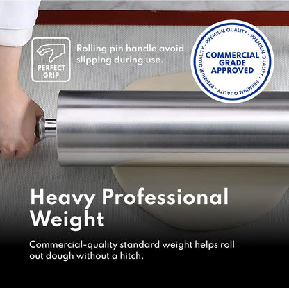 13 Inch Aluminum Rolling Pin, Extra Heavy Duty Restaurant Grade Dough Roller with Rotating Barrel and Handles, Silver