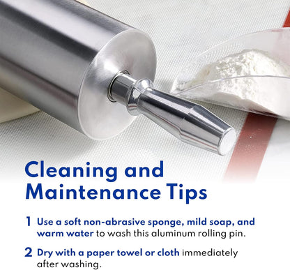 13 Inch Aluminum Rolling Pin, Extra Heavy Duty Restaurant Grade Dough Roller with Rotating Barrel and Handles, Silver
