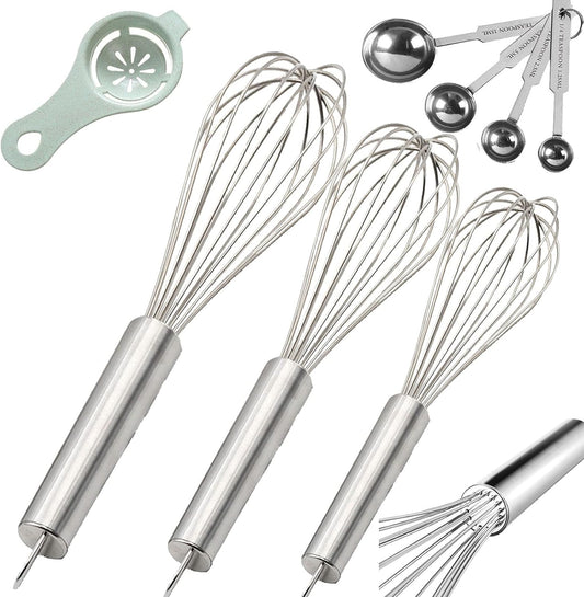 Stainless Steel Whisk, Whisk Set with Measuring Spoon and 8"+10"+12" Wire Whisk for Cooking Blending, Beating, Stirring, Baking (5 Pack Silver)