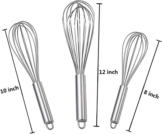 Stainless Steel Whisk, Whisk Set with Measuring Spoon and 8"+10"+12" Wire Whisk for Cooking Blending, Beating, Stirring, Baking (5 Pack Silver)
