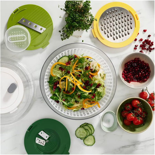 Multi-Prep 4-Piece Salad Making Set, Salad Spinner, Spiral Cutter, Slicer and Grater, Compact Space Saving Storage