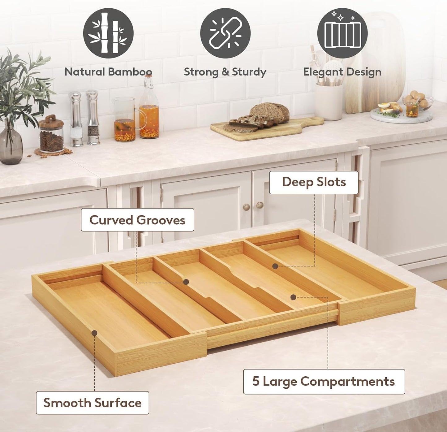 Utensil Organizer for Kitchen Drawer, Expandable Cooking Utensil Tray, Cutlery Silverware Flatware Holder, Wood Adjustable Spatula Tools Storage Divider, 8.9-15.8 x 15.75, Natural