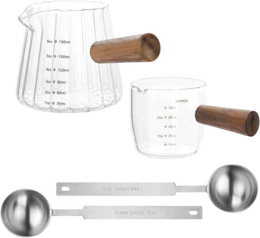 2 Pack Espresso Shot Cups with 2PCS Coffee Measuring Spoons Set, | Single 6oz spout glass measuring cup with wood handle, 2oz espresso cups with dual scale, espresso accessories for coffee