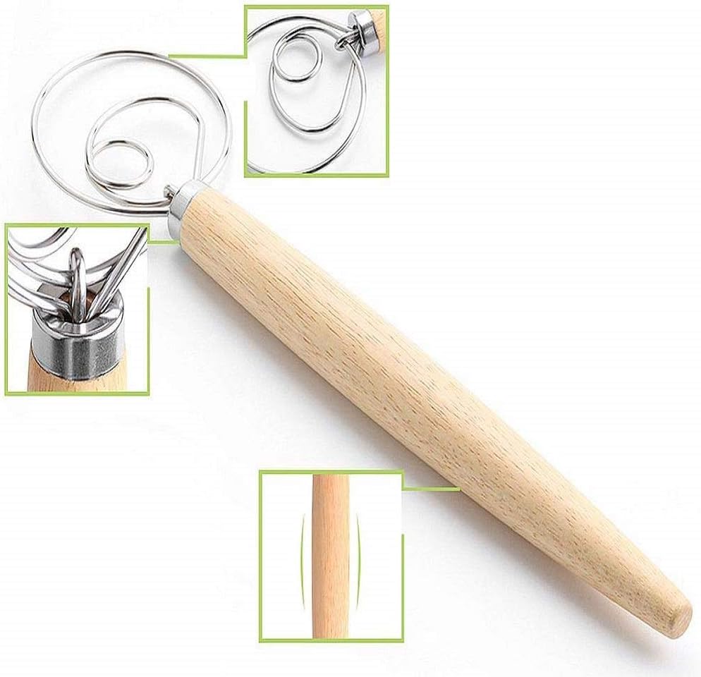 Danish Dough Whisk Bread Making Tools Stainless Steel Danish Dough Hook Bread Dough Mixer Hand Bread Dough Whisk for Pastry, Baking Cake, Dessert, Sourdough, Pizza, with Wooden Handle, 13 inch