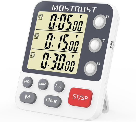 Digital Dual Kitchen Timer, Multiple Channels Countdown Timer | 3-Groups Triple Timer with Magnet-Back Memory-Preset Large Display Adjustable Volume, 3A Battery Included, Ideal for Cooking