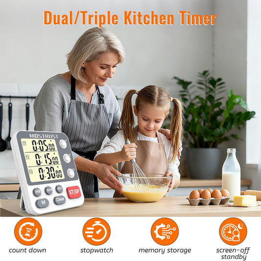 Digital Dual Kitchen Timer, Multiple Channels Countdown Timer | 3-Groups Triple Timer with Magnet-Back Memory-Preset Large Display Adjustable Volume, 3A Battery Included, Ideal for Cooking