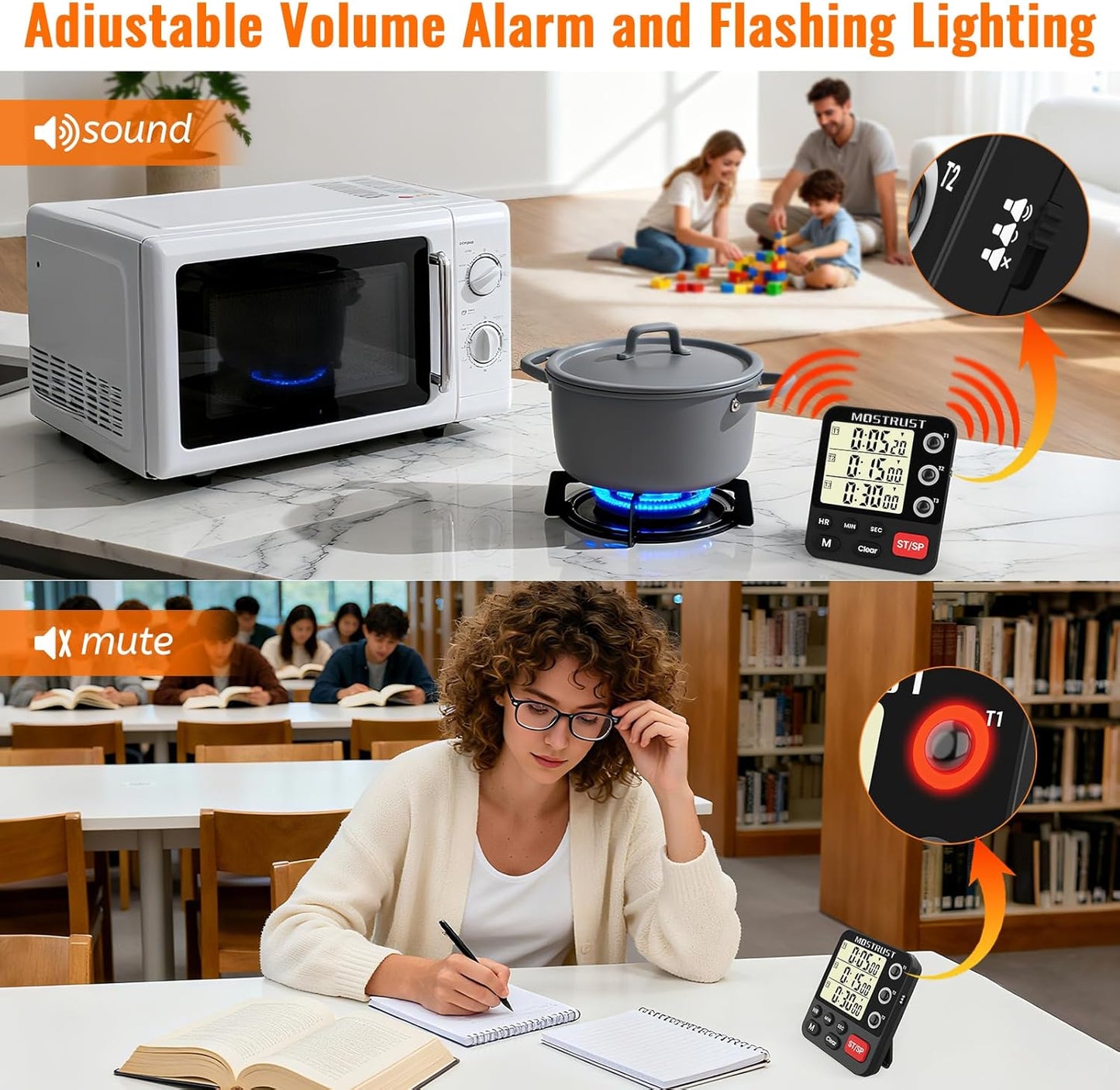 Digital Dual Kitchen Timer, Multiple Channels Countdown Timer | 3-Groups Triple Timer with Magnet-Back Memory-Preset Large Display Adjustable Volume, 3A Battery Included, Ideal for Cooking
