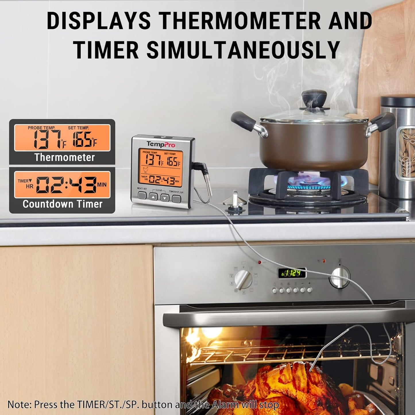 TempTrack Digital Meat Thermometer for Cooking and Grilling | BBQ Food Thermometer with Backlight and Kitchen Timer, Grill Temperature Probe Thermometer for Smoker, Oven, Baking, Oil