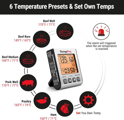 TempTrack Digital Meat Thermometer for Cooking and Grilling | BBQ Food Thermometer with Backlight and Kitchen Timer, Grill Temperature Probe Thermometer for Smoker, Oven, Baking, Oil