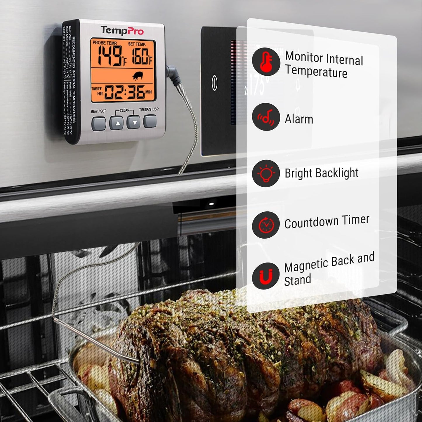 TempTrack Digital Meat Thermometer for Cooking and Grilling | BBQ Food Thermometer with Backlight and Kitchen Timer, Grill Temperature Probe Thermometer for Smoker, Oven, Baking, Oil