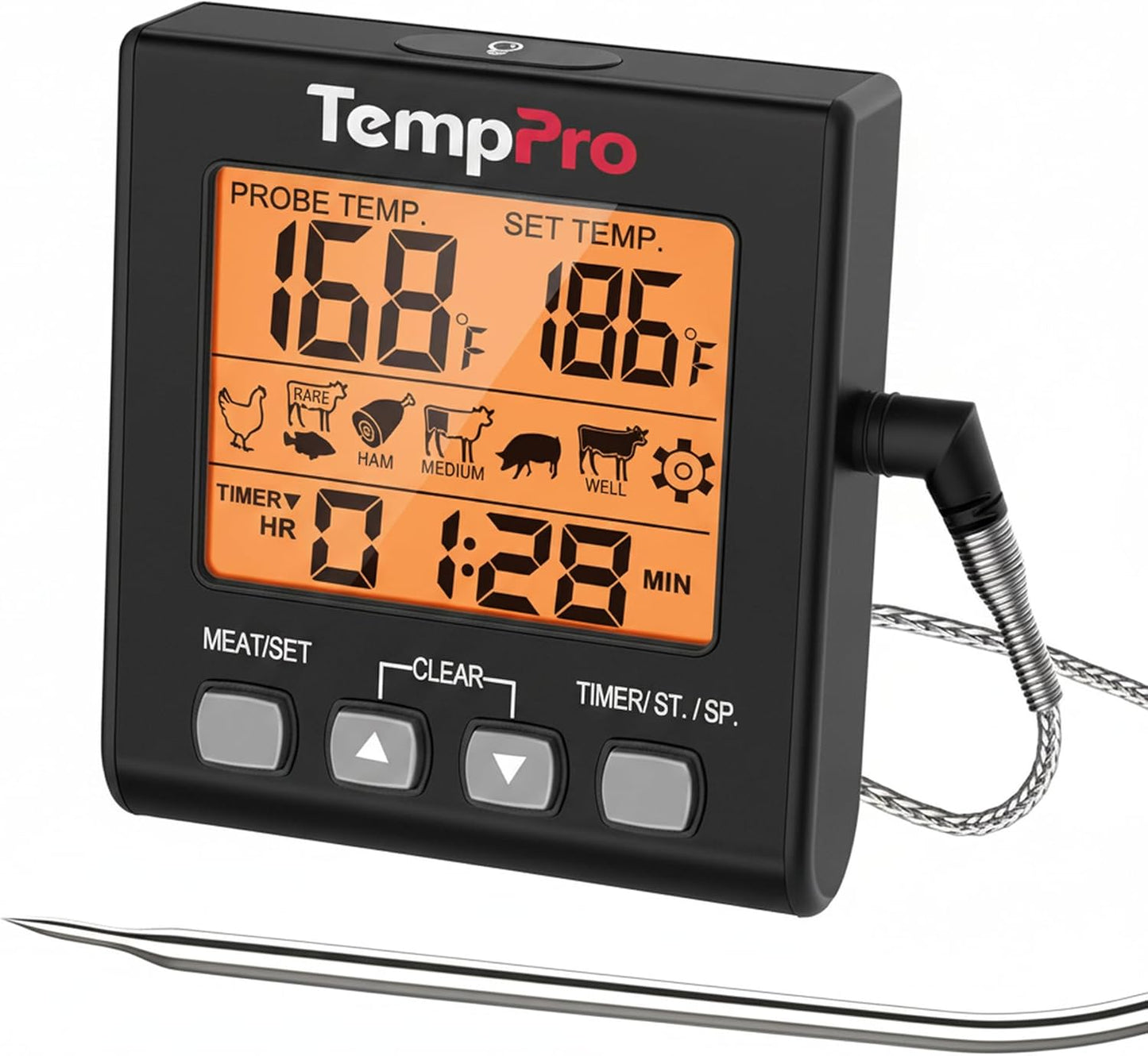 TempTrack Digital Meat Thermometer for Cooking and Grilling | BBQ Food Thermometer with Backlight and Kitchen Timer, Grill Temperature Probe Thermometer for Smoker, Oven, Baking, Oil