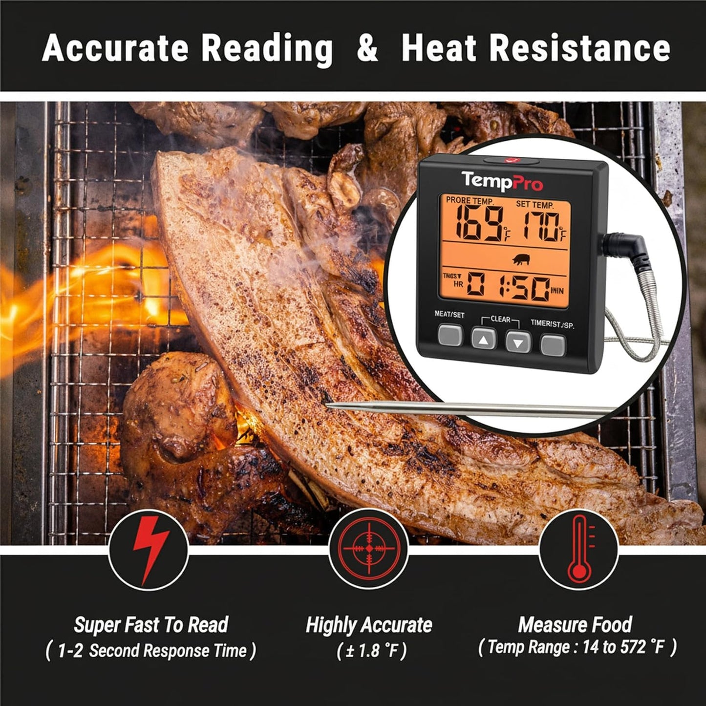 TempTrack Digital Meat Thermometer for Cooking and Grilling | BBQ Food Thermometer with Backlight and Kitchen Timer, Grill Temperature Probe Thermometer for Smoker, Oven, Baking, Oil