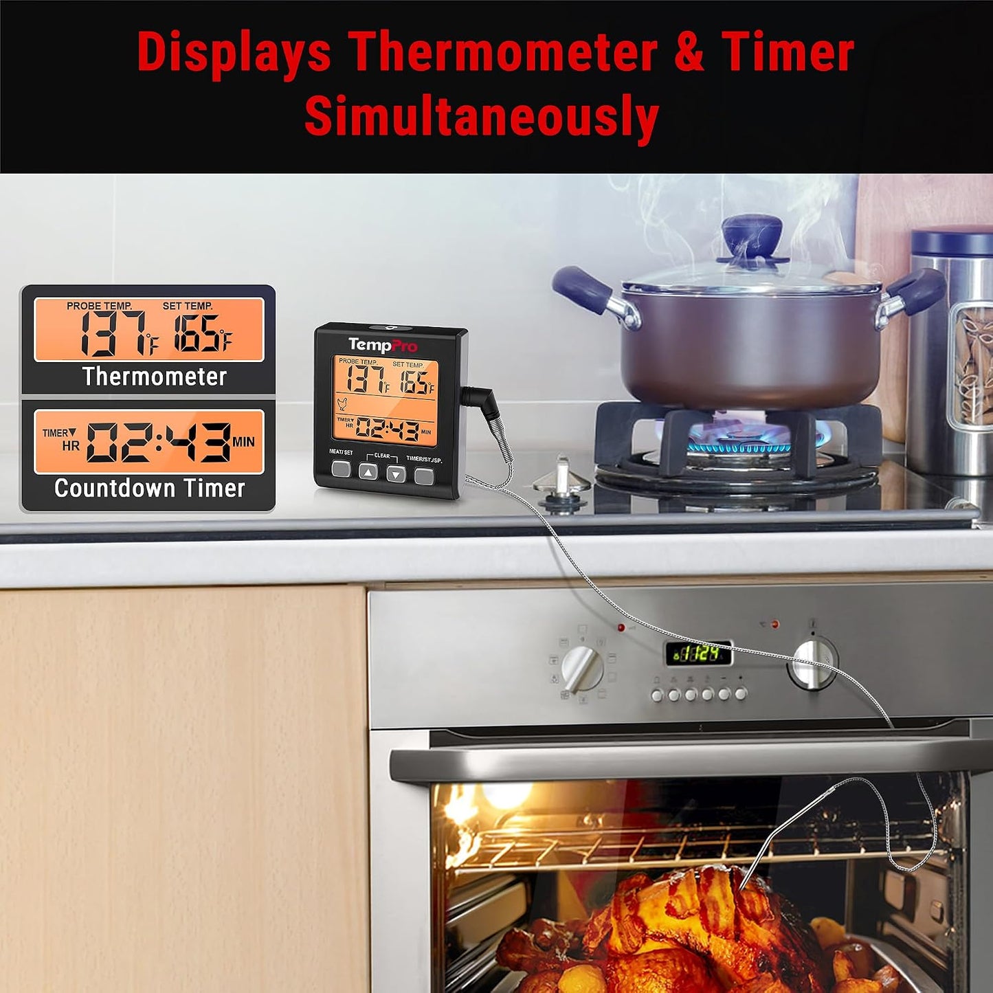 TempTrack Digital Meat Thermometer for Cooking and Grilling | BBQ Food Thermometer with Backlight and Kitchen Timer, Grill Temperature Probe Thermometer for Smoker, Oven, Baking, Oil
