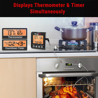 TempTrack Digital Meat Thermometer for Cooking and Grilling | BBQ Food Thermometer with Backlight and Kitchen Timer, Grill Temperature Probe Thermometer for Smoker, Oven, Baking, Oil