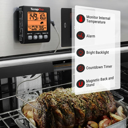 TempTrack Digital Meat Thermometer for Cooking and Grilling | BBQ Food Thermometer with Backlight and Kitchen Timer, Grill Temperature Probe Thermometer for Smoker, Oven, Baking, Oil