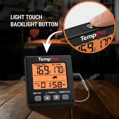 TempTrack Digital Meat Thermometer for Cooking and Grilling | BBQ Food Thermometer with Backlight and Kitchen Timer, Grill Temperature Probe Thermometer for Smoker, Oven, Baking, Oil