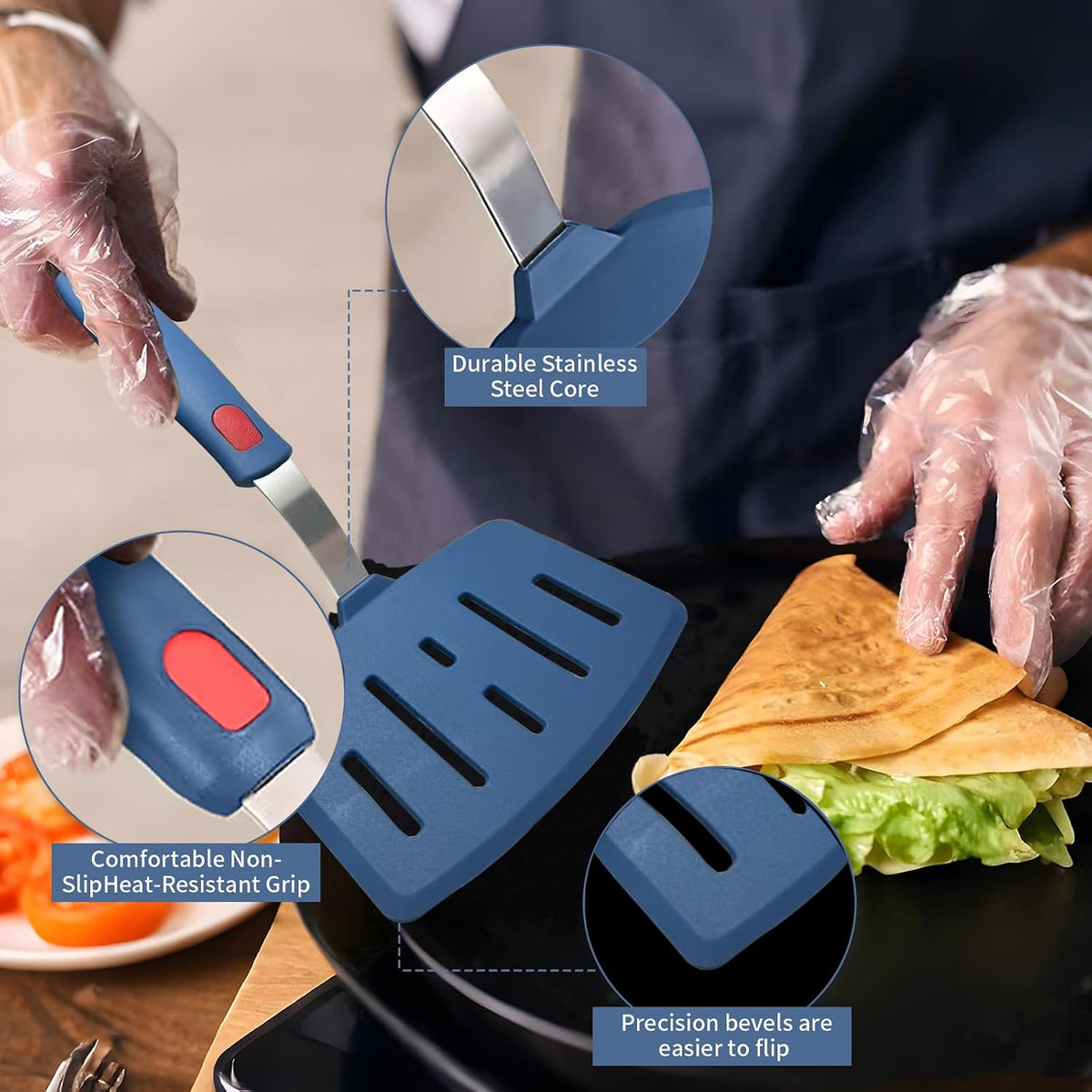 Silicone Spatula Turner Set of 3, Heat Resistant Large Wide Spatula for Pancake, Silicone Fish Spatulas Flipper for Cooking & Non-stick Cookware, BPA Free Rubber Cooking Untensil Set