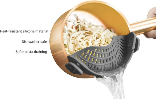 Clip On Strainer Silicone for All Pots and Pans, Pasta Strainer Clip on Food Strainer for Meat Vegetables Fruit Silicone Kitchen Colander (Grey)